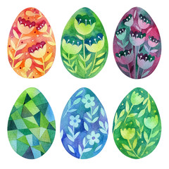Set of easter eggs with floral patterns. Watercolor illustration. Symbols of the spring holiday.