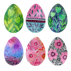 Set of easter eggs with floral patterns. Watercolor illustration. Symbols of the spring holiday.
