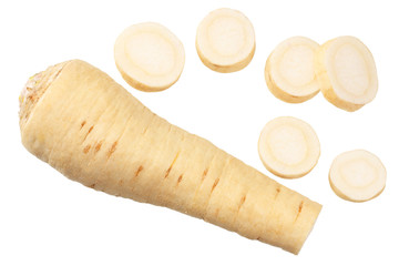 fresh parsley root with slices isolated on white background. top view