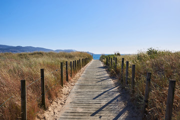 Fototapeta na wymiar Wooden walkway over natural dunes in Vao beach, Vigo
