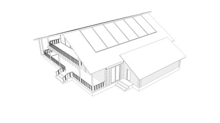 exterior of a country house, cottage, contour visualization, 3D illustration, sketch, outline