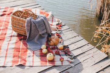 Picnic on the lake: fresh croissants and apples.