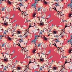 Wandcirkels aluminium Seamless pattern with sunflowers and apples. Autumn  watercolor background. © max craft