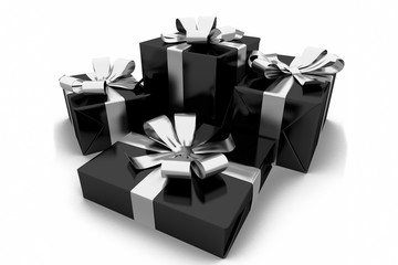 Collection of various sized gift boxes wrapped in a shiny black paper and a silver ribbon and bow on isolated white background. 3d illustration