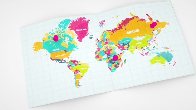 Zoom in to the colorful world map. Travel Concept, 3d animation