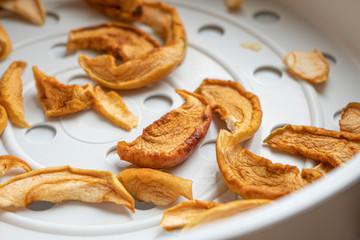pieces of dried apples lie on a plastic tray