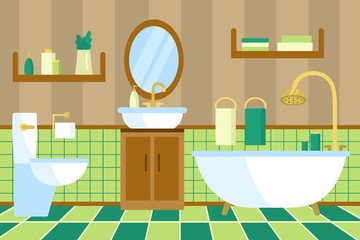 Fototapeta na wymiar vector interior design of modern bathroom. Furniture, equipment and decor. bath, toilet, rack, sink, mirror. illustration in flat style.
