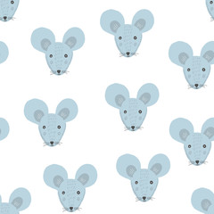 Cute childish cartoon seamless pattern with blue mice heads on white background. Funny hand drawn texture with domestic pets for kids design, wallpaper, textile, wrapping paper