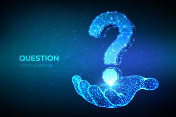 Question mark. Low poly abstract Question sign in hand. Ask symbol. Help support, faq problem symbol, think education concept, confusion search illustration or background. 3D polygonal vector. - obrazy, fototapety, plakaty