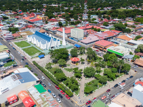 Beautiful aerial view of Liberias church and park in Costa Rica