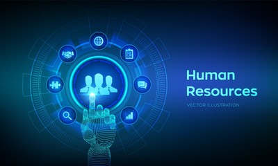 Human Resources. HR management, recruitment, employment, headhunting business concept. Human social network and leadership. Robotic hand touching digital interface. Vector illustration.
