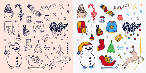 Fototapeta na wymiar Set Of Hand-Drawn Outlined Christmas Doodle Icons