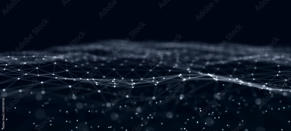 Wall mural futuristic abstract mesh. wave with the connection of dots and lines. 3d rendering.
