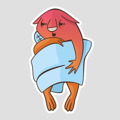 Cartoon squirrel with a thermometer in his hand, wrapped in a blue blanket, lay sick. Vector sticker, illustration