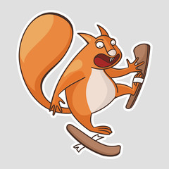 Cartoon red squirrel on brown ski. Crazy skier with unfastened ski. Vector sticker, illustration