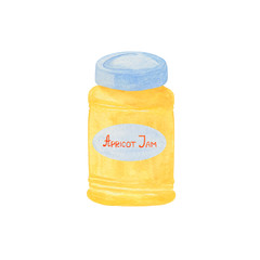 Watercolor illustration of an apricot jam jar, isolated on the white background