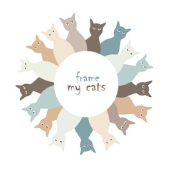 Round frame for photos with painted colorful elements. Cartoon drawn cats.