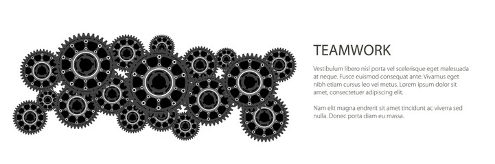 Banner of gear wheels or cogs, technology and industry, teamwork concept, black and white vector illustration
