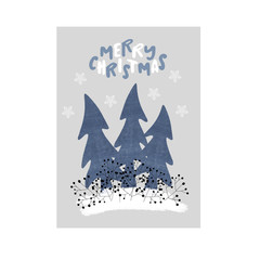 New Year's card with blue Christmas trees and black berries in the Scandinavian style.