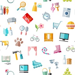 Shops, seamless pattern, color, white, vector. Different product categories. Colored icons on a white field.  