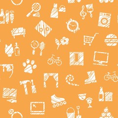 Shops, seamless pattern, monochrome, hatching, orange, vector. Different product categories. Imitation of pencil hatching. White icons on an orange field.   