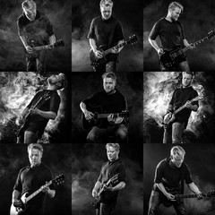 Fototapeta na wymiar Collage of photos with handsome young musician man playing on guitar and singing in the smoke on stage or scene.