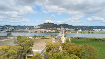 Bridge Marechal Carmona on river Tejo in Vila Franca Xira. Drone photo.