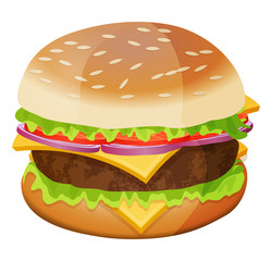 Cute cartoon hamburger isolated on a white background. Vector illustration.