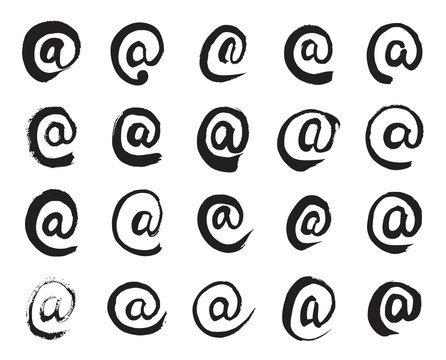 At Signs. Collection of 20 Black Hand Painted E-mail Symbols Isolated On a White Background. Vector Illustration