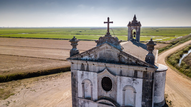 Aerial view of Church, Hermitage of Our Lady of Alcame, in Vila Franca Xira, Portugal. Drone photo.