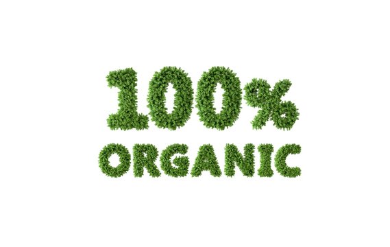 100% Organic, letters with vegetation on white background.
