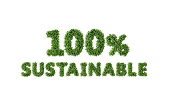 100% Sustainable, letters with vegetation on white background.