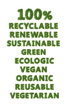 Grass word pack: recyclable, renewable, sustainable, green, ecologic, vegan, organic, reusable.