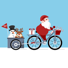 Santa Claus riding bicycle with snowman and red nose reindeer in the trailer cartoon vector illustration