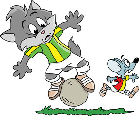 Cartoon cat trying to balance on a ball while his mouse friend runs away vector illustration