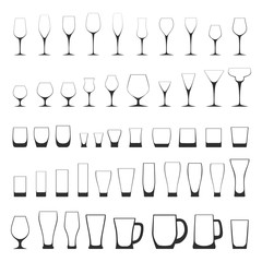 Vector illustration of different glassware silhouettes. Fully editable 50 empty glasses for wine, beer, whisky, cognac and other alcohol drinks. Different types of stemwares, beakers and mugs isolated - obrazy, fototapety, plakaty