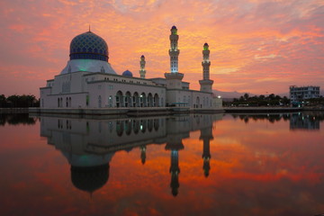 Beautiful sunrise with floating mosque in Sabah Malaysia