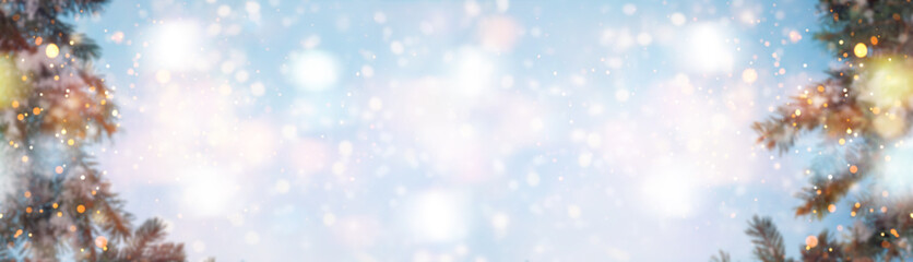 Christmas blurred winter background. Christmas tree with snow bokeh lights, new year and christmas winter art design