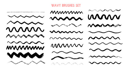 Wavy Brush ink set. Stroke grunge shape border. Hand drawn black line, modern background