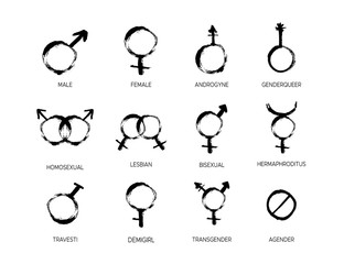 Grunge Gender icon set with different sexual symbols female, male, bisexual, agender, transgender. Mars and Venus signs