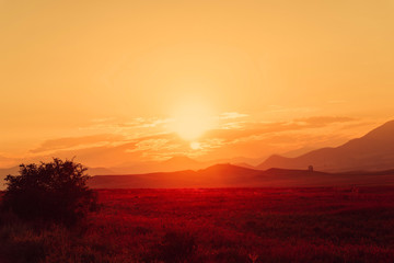 Red golden sunset in the flat terrain