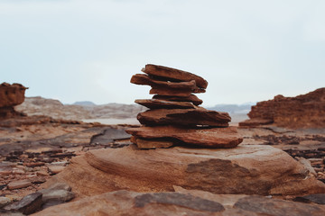 Fototapeta na wymiar Rock Cairn in the desert of Wadi Rum Jordan