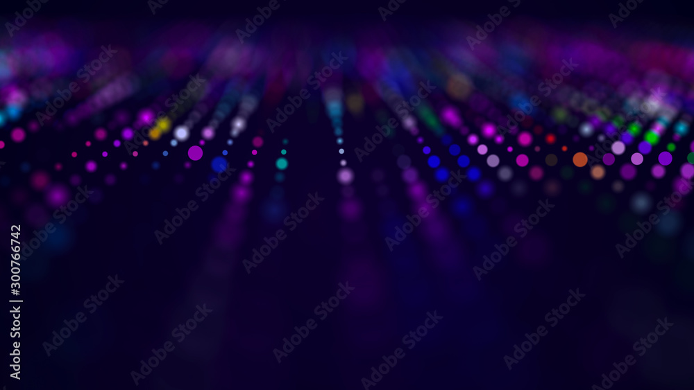 Poster Wave of musical sounds. Abstract background with interweaving of dots and lines. 3D rendering.