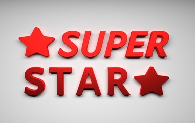 Large bold red words Super Star on white background with two large red stars. 3d illustration.