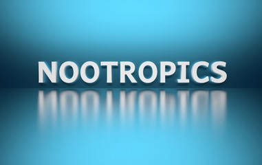 Word Nootropics written in bold white letters on blue reflective background. 3d illustration.