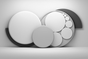 Abstract monochrom geometric presentation mockup with composition of many circles. 3d illustration.