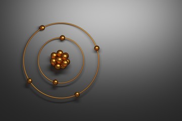 Fototapeta na wymiar Carbon atom simplistic representation with golden nucleus, orbitals and electrons on black gray background. 3d illustration.