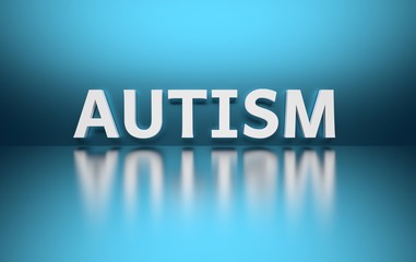 Word Autism written in bold white letters on blue reflective background. 3d illustration.