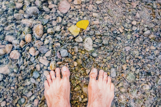 Bare feet cooling off in a stream full of pebbles, revitalizing massage in nature. - Powered by Adobe