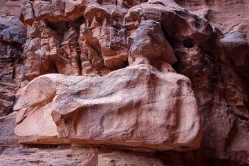 Khazali canyon rock carvings - Petroglyphs and ancient scripts (Thamudic, Nabatean, Arabic) illustrating the 12000 years of human occupation in Wadi Rum, Jordan